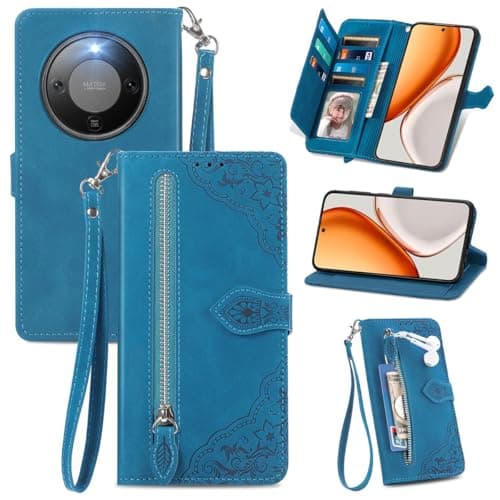 Image of MOJIA Flip Case Compatible with Honor Magic8 Lite/Magic 8 Lite, PU Leather Zipper Wallet Case Flip Phone Cover with TPU Shell, Card Holder Multifunctional Case. Blue