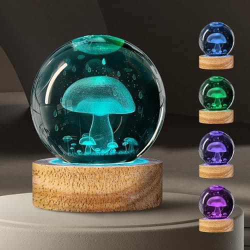Image of DCORIUNTG 3D Crystal Ball Night Light with 16 Colours, 60mm Glass Ball Lamp with Remote Control, Unique Mushroom Room Table Decoration, Birthday Christmas Gifts for Kids, Teens, Women