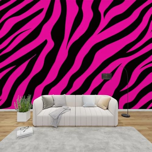 Image of QEODAH Zebra Print Wallpaper for Living Room, Hot Pink Striped Wall Art for Bedroom, Animal Print Wall Murals for Bedrooms, Renter Friendly Removable Waterproof Non-Woven Photo Wallpaper 3D, 100x70 cm