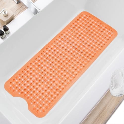 Image of TEESHLY Bath Tub and Shower Mats, Non Slip 40 x 16 Inch Extra Large Bathtub Mat, Machine Washable Bathmat with Drain Holes, Suction Cups for Bathroom Floor, Transparent Orange