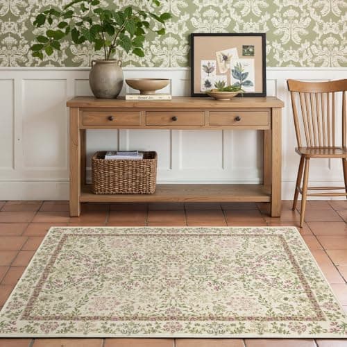 Image of TOPICK Vintage Floral Area Rug 90x150cm Soft Machine Washable Non Slip Rug Low-Pile Thin Carpet for Living Room Kitchen Bedroom Bathroom Green/Purple