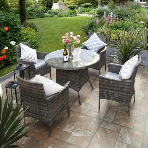 Image of RayGar 5pcs Rattan Dining Set Garden Patio Furniture - 4 Chairs & Round Table - Grey