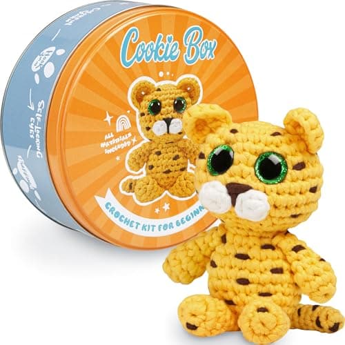 Image of Cookie Box Original Crochet Kit for Beginners – Gift Set to Make Leopard Leo Amigurumi Plushie – Easy DIY Crochet & Knitting Starter Kit with Video and PDF Tutorials