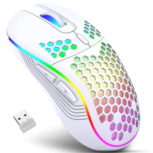 Image of JYCSTE Wireless Gaming Mouse, Rechargeable Computer Mouse Ergonomic Mice Honeycomb Design with RGB Backlight, USB Receiver, 6 Buttons, Adjustable DPI, Wireless Mouse for PC/Mac/Laptop (White)