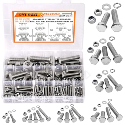 Image of CYLBAQ 351PCS Nut and Bolt Sets M3 M4 M5 M6 M8 M10 M12, Stainless Steel Hex Head Bolts Nuts Washers and Lock-nuts Set, Outer Corner Hexagon Machine Screws Bolt Assortment Kit
