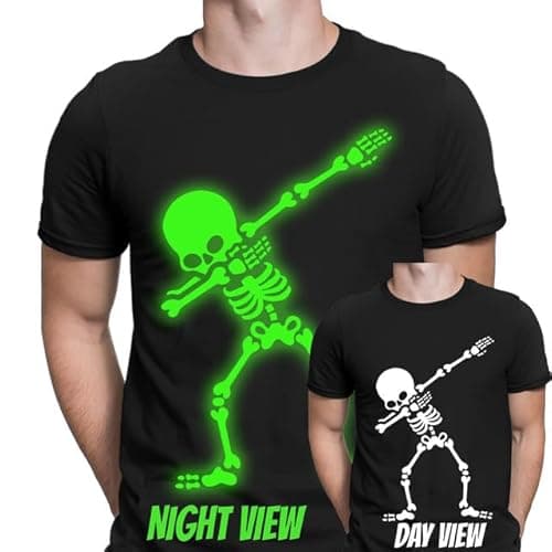 Image of Skeleton Dab Dance Glow in The Dark T-Shirt | Fun Halloween Graphic Tee for Men Women Teens & Kids Soft Cotton Black S