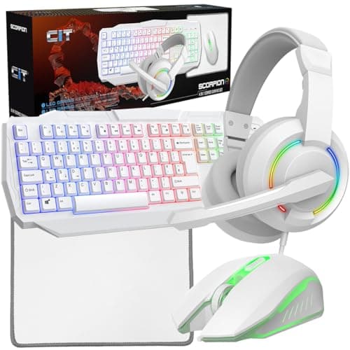 Image of Scorpion 4-in-1 Gaming Set, Keyboard with RGB LED, 2400 DPI Mouse, Mouse Mat, LED Gaming Headset, UK Layout, Fully Wired (White)