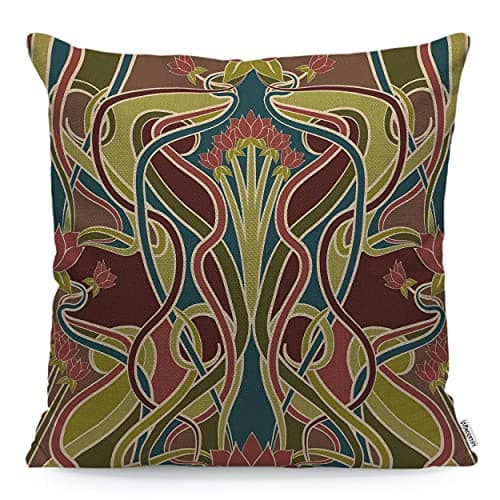 Image of WONDERTIFY Nouveau Style Flower Cushion Cover New Geometric Design Arts Brown Green Pillowcases for Men Women, Pillow Cover Living Room Farmhouse 45X45 Cm