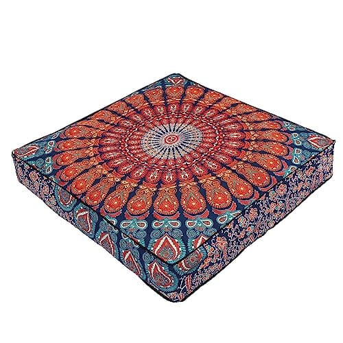 Image of Handmade Hippie Floor Cushion Covers 35" Mandala Large Floor Pillowcase for Meditation Cushion Oversized comfort wellness seating for small spaces (Peacock Multicolour)