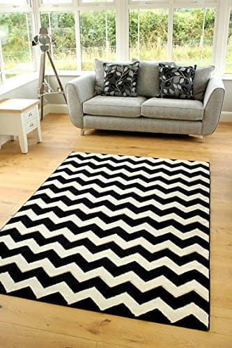 Image of Vienna Modern Small Extra Large Black Ivory White Zig Zag Design Thick Floor Long Carpet Runner Rugs (60x120cm)