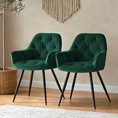 Image of ZOONFA Upholstered Velvet Dining Chairs Set of 2 Kitchen Chairs with Think Padded High Back Armchairs with Black Metal Legs Accent Chair for Lounge Living Room (Green)