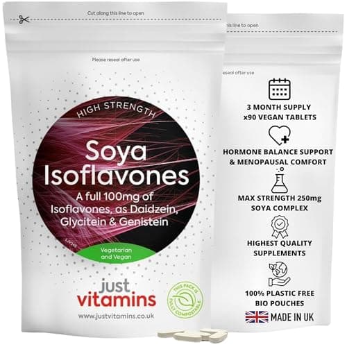 Image of SOYA ISOFLAVONES 100mg | 90 Vegan Tablets | High Strength 250mg SOYA Complex | Supports Hormone Balance & Menopausal Comfort | Rich in Daidzin, Glycitin & Genistin | UK Made - Just Vitamins