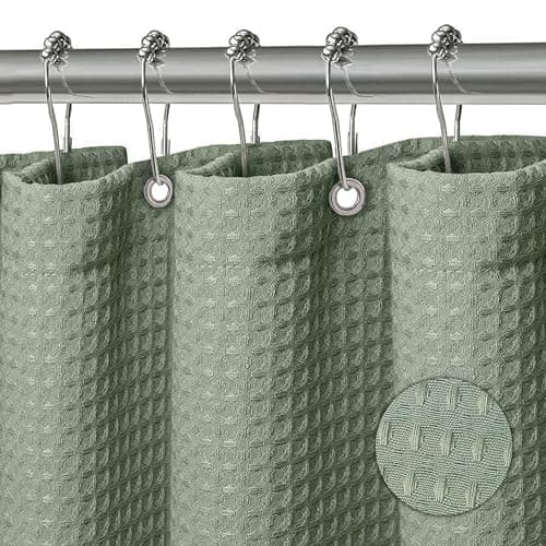 Image of KAIMEIYU Shower Curtain Polyester Bath Curtains Heavy Duty with 12 Metal Hooks Bathroom Curtain Washable Waterproof for Bathtub and Bathroom 180 x 180 cm Waffle Design Green