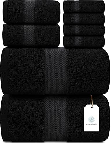 Image of White Classic Luxury Bath Towel Set of 8 Pieces - 100% Turkish Cotton 700 GSM Highly Absorbent Towels for Bathroom, 2 Bath Towels, 2 Hand Towels, 4 Washcloths - Black