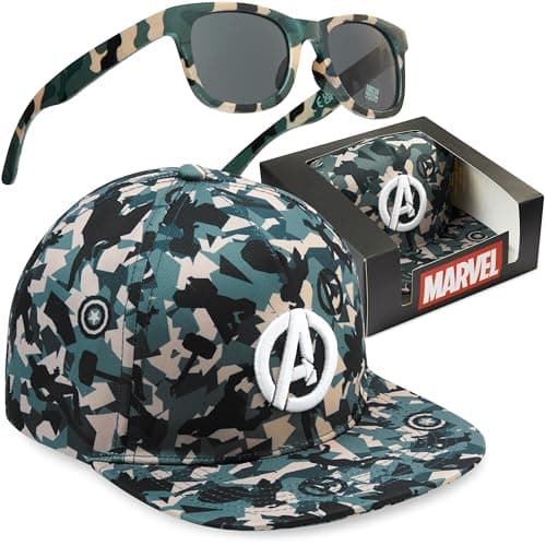 Image of Marvel Avengers Baseball Cap Sunglasses Set for Boys, Adjustable Sun Hat 100% UV Shades, Kids Holiday Essentials, Boys Gifts (Camo Avengers)
