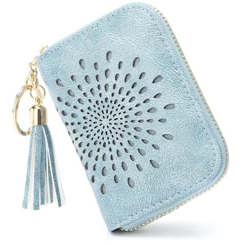 Image of APHISON Credit Card Holder RFID Blocking Leather for Women Small Zipper Card Case with 10 Card Slots 1 ID Window 2 Cash Pockets & Removable Keychain (Sunflower)