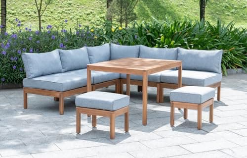 Image of Out & Out Original Cali Garden Outdoor Patio Wooden Lounge Set - 7 Seats - FSC Certified Eucalyptus Wood - Corner Seat, 4 Middle Seats, 2 Stools, Dining Table - Grey Polyspun Cushions
