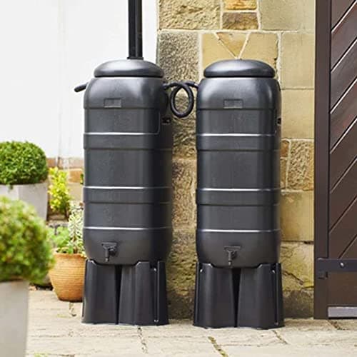 Image of 2 x Black Slim Line Space Saver Rain Water Collectors 100 Litre Tanks Complete With Stands & Filler Kits
