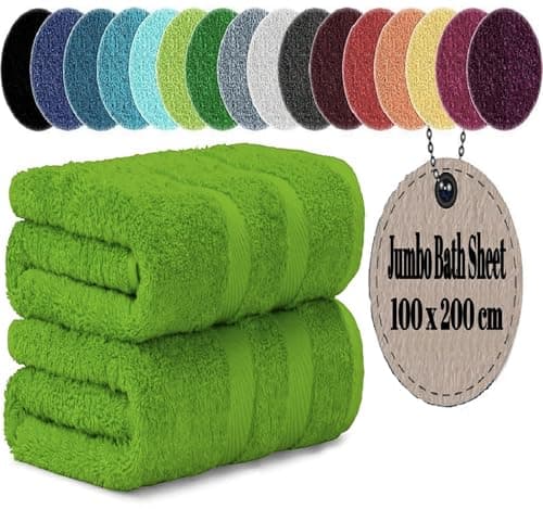 Image of LoomTrove Pack of 2 Extra Large Jumbo Bath Sheets 100 x 200 cm 100% Egyptian Combed Cotton XL Towels Quick Dry Big Bath Sheet Super Soft Hotel Quality Towels Set (Lime Green)