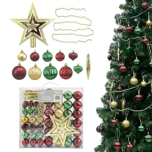 Image of Daniel James 50-Piece Christmas Baubles Set – Shatterproof Hanging Baubles with Bead Chain & Star Tree Topper - Christmas Tree Decorations & Xmas Ornaments - Traditional Red & Gold