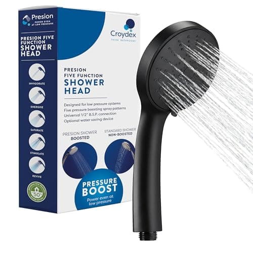 Image of Croydex Presion Pressure Boost Shower Head - Matt Black Power Shower Head for Low Pressure Systems with 5 Spray Settings