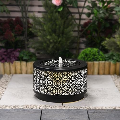 Image of Serenity Outdoor Metal Garden Water Feature with LED Light 25cm Tall Mosaic Inspired Self-Contained in Gun Metal Grey Easy Setup 2m Power Lead Included