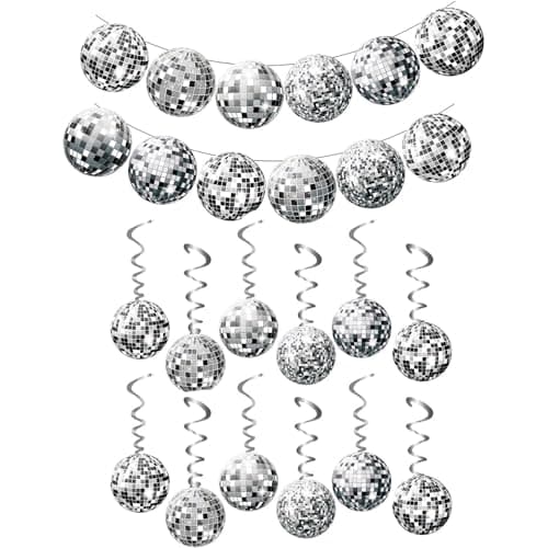 Image of 36 Pcs Set Disco Ball Decorations, Disco Party Decor 70s Disco Ball Hanging Swirls Disco Party Hanging Streamer Silver Ceiling Decor for Christmas Tree Wedding Dance Music Stage