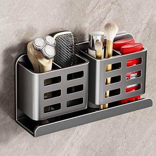 Image of Jorun Grey Toothbrush Holder Wall Mounted Aluminum Material Toothpaste Holder Bathroom Accessory - Self-Adhesive Toothbrush Holders for Bathroom (4 Slots)