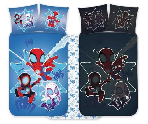 Image of Spidey Cot Bedlinen Set 100x140 cm + Pillowcase 40x45 cm, 100% Cotton | Glow-In-The-Dark Style Baby Bedding Set Perfect for Kids | Spiderman Soft Reversible Cot Bedding for Boys and Girls