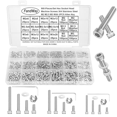 Image of FandWay 900Pcs Bolts and Nuts Set,M2 M2.5 M3 Hex Socket Cap Head Machine Screws,DIN912 Allen Screws,304 Stainless Steel Hex Bolts and Washers Set Fully Threaded With 3 Allen Key.