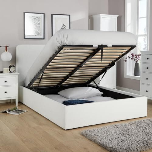 Image of Home Source Bedroom Small Double 4ft Gas Lift Ottoman Storage Bed, Cream Boucle Fabric