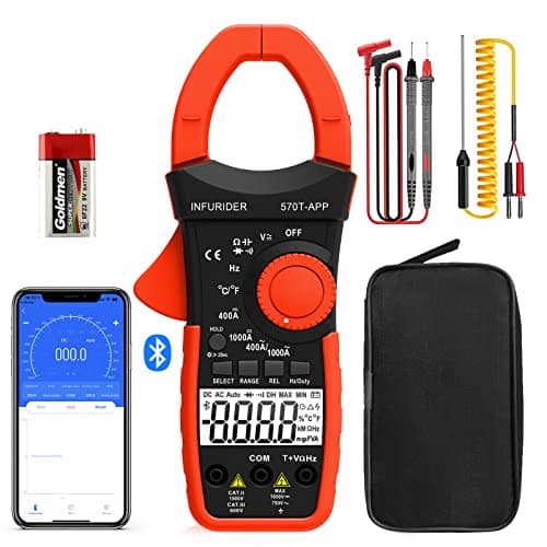 Image of INFURIDER Wireless Clamp Meter,1000A AC/DC Current Amp Clamp,TRMS 4000 Counts Auto Range Clamp on Ammeter,Bluetooth Clamps Multimeter Measures Voltage,Capacitance,Ohm,Hz and Temperature