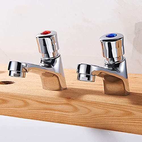 Image of Ghopy Modern Basin Sink Tap Pair Self-Closing Bathroom Basin Taps 1/2" Hot and Cold Lever Chrome Twin Press Water Sink Mixer Taps Non-Concussive Bathroom Faucets Chrome