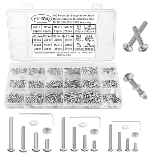 Image of FandWay 900Pcs Bolts and Nuts Set,M2 M2.5 M3 Button Head Machine Screws,ISO 7380 Allen Screws,304 Stainless Steel Hex Bolts and Washers Set Fully Threaded With 3 Allen Key.