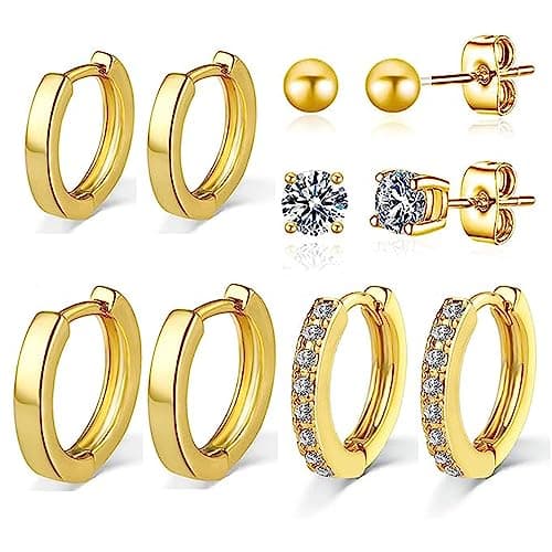 Image of PRETOLE 3 Pairs Gold Huggie Earrings,14K Gold Plated Small Gold Hoop Earrings Lightweight Hypoallergenic Tiny Mini Hoop Earrings with CZ Huggie Earrings for Women