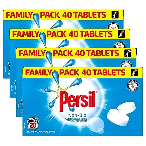 Image of Persil Laundry Tablets Family Pack Gentle next to Skin Touch on Stains New Concentrated Formula for Effortless Laundry, Non-Bio 40 tablets, 20 Wash 1.2KG Pack of 4