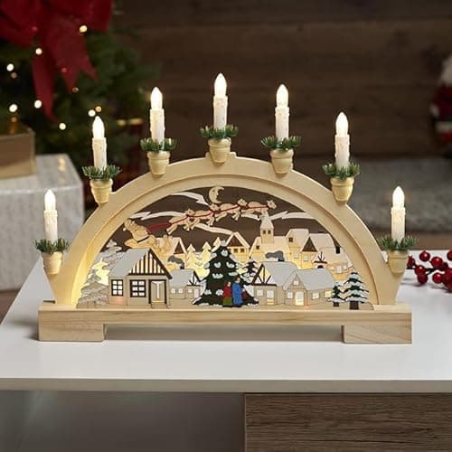 Image of GloBrite Wooden Christmas Candle Bridge Arch with Santa Village Scene - 10 Warm White LED Xmas Candles, Battery Operated - Decoration for Table Centrepiece, Mantel & Indoor Christmas Decorations
