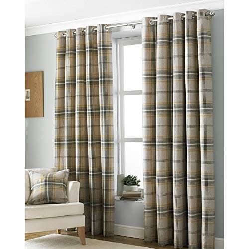 Image of Riva Paoletti Aviemore Ringtop Eyelet Curtains (Pair) - Ochre Yellow - Heritage Tartan Check - Faux Wool Effect - 100% Polyester - 117cm W x 137cm Drop (46" x 54" inches)