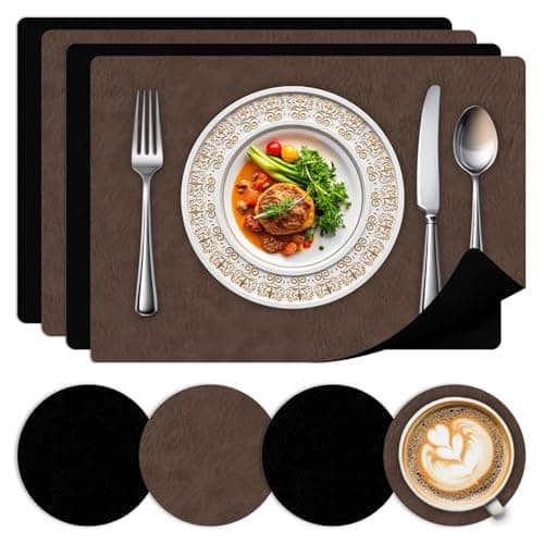 Image of Place Mats for Table 4 Pack by Bleswin - Non-Slip PU Leather Placemat Set with Coasters, Oil & Heat Resistant for Home/Restaurant-Dark Brown+Black