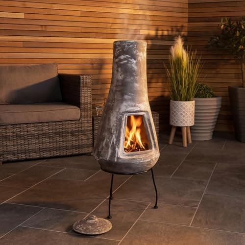 Image of CHARLES BENTLEY Outdoor, Garden, Patio, Smooth Tall, Medium Barcelona Clay Chiminea, Light Grey Finish, Includes Iron Stand & Furnace Lid, Tall Chiminea-Style Patio Heater, Contemporary (87x32cm)