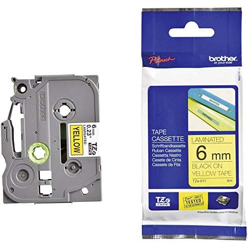 Image of Brother TZe-611 Labelling Tape Cassette, 6 mm (W) x 8 m (L), Laminated, Brother Genuine Supplies - Black on Yellow