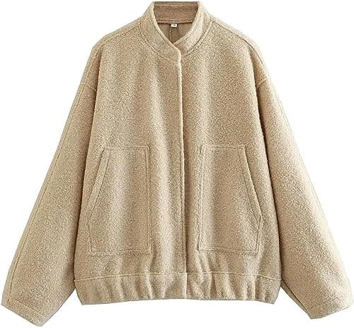 Image of ELizoop Women's Casual Button Down Jackets Oversized Varsity Wool Blend Coat Winter Bomber Outwear with Pockets (M,Khaki)