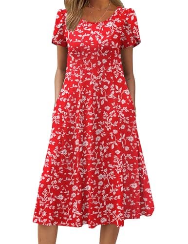 Image of Zeagoo Women Summer Dresses Elegant Short Sleeve Ladies Dresses Crew Neck Midi Dress with Pockets Red Print XXL