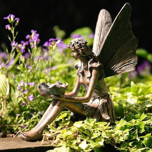 Image of Garden Mile Sitting Fairy Garden Statue Magical Elf Outdoor Unusual Bronze Effect Fairies Figurines Resin Statues for Patio Porch Flowerbed Gardens Gift for Women Men