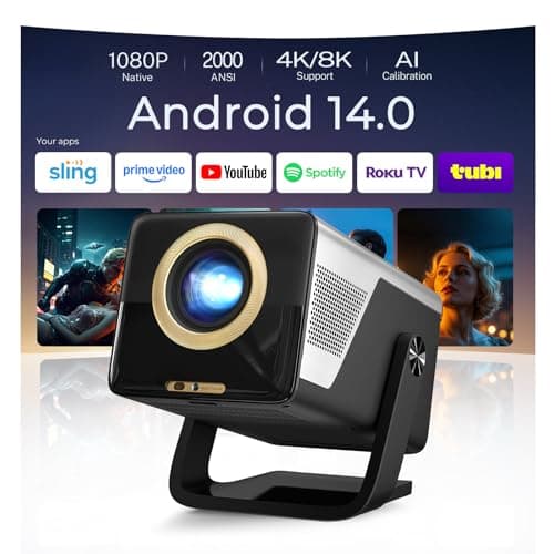 Image of [2000 ANSI/AI Visual Calibration/4K Support] X7 Native 1080P Smart Projector with Android 14 OS, Portable Movie Projector for Bedroom & Outdoor, AI Auto Focus & Keystone Black & Slate Gray Gold
