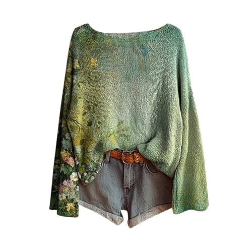Image of Shffuw Bohemian Floral Art Print Knitted Jumpers for Woman UK, Oversized Crew Neck Long Sleeve Lightweight Sweaters Casual Fashion Daily Jumper Thermal Comfy Sweater for Autumn (D-Light Green, XL)