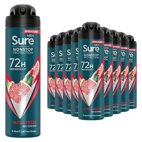 Image of Sure Antiperspirant 72H Nonstop Sweat and Odour Protection Alcohol-Free Body Spray Anti-White Marks with Fresh and Sporty Scent Multi Fragrance Deodorant for Men, 150ml Pack of 12 (Ultra Fresh)