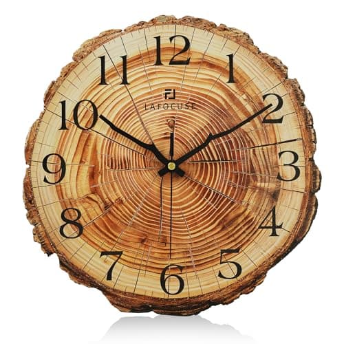 Image of Lafocuse 12 Inch Rustic Wall Clock Annual Rings Design, Tree Stump Farmhouse Wall Clocks Silent Non-Ticking Battery Operated, Vintage Wooden Brown Clocks for Living Room Decor Bedroom Kitchen Office