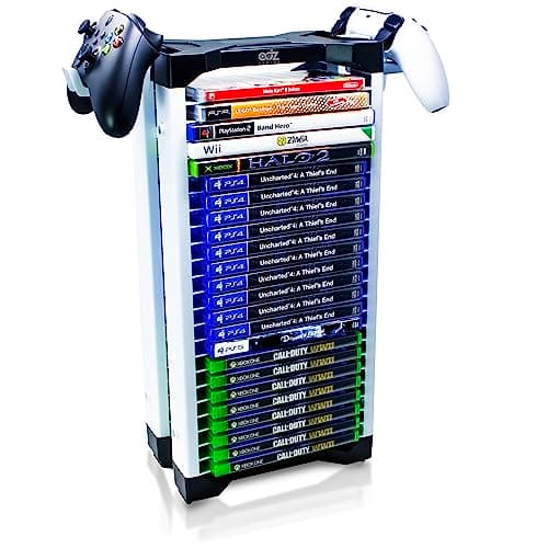 Image of ADZ Universal Game Holder – 23 Game Storage Tower Rack for PS2 PS3 PS4 PS5 PSP Xbox 360 Xbox One Series X Wii Switch Games DVD and Blu-Ray Disks. Includes 2 Controller Mounts