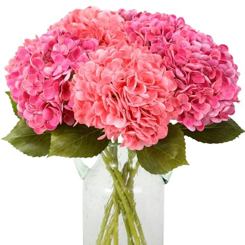 Image of JUSTOYOU Hydrangea Flowers Artificial,4 PCS Double Colour Single Long Stem Realistic Hydrangea Flowers, 19.6Inch Large Real Touch Fake Hydrangea Bouquets for Wedding Home Party(deep pink and rose red)